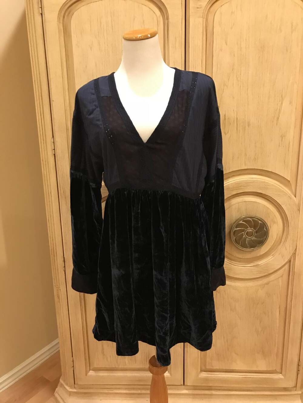 Free People Boho Tunic Dress Pockets Blue Velvet Size S~NEW